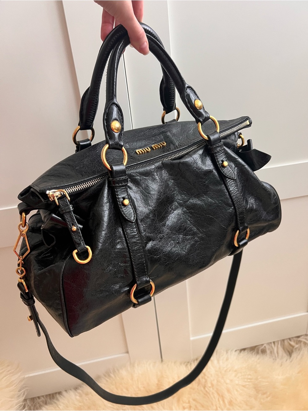 Miu Miu Vitello Lux Black Leather Side Ribbon Bow 2Way Shoulder Bag Archive Y2K - Picture 4 of 16